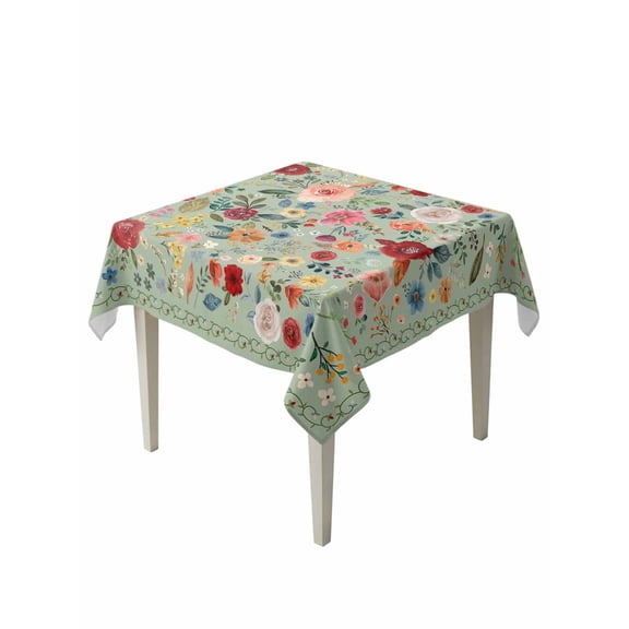 Sage Green Floral Table Cloth, Spring Flowers Leaves Farmhouse Waterproof Tablecloth for Square Tables, Reusable Washable Fabric Table Cover for Restaurant Kitchen Dining Tables 54"x54"