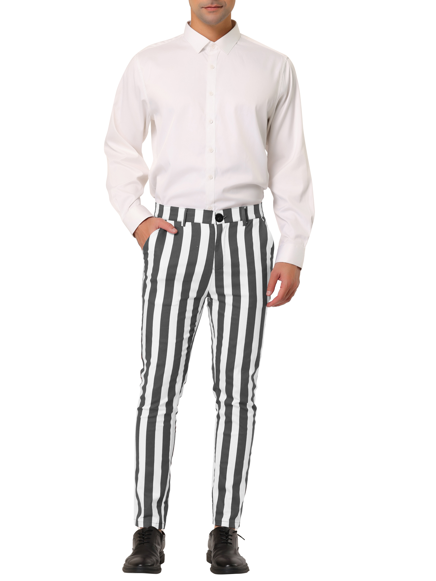 Unique Bargains Men's Striped Pants Business Skinny Fit Color Block Trousers 36 Gray White