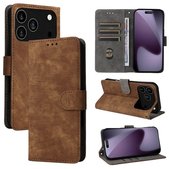for iPhone 17 Pro Wallet Case with RFID Blocking Credit Card Holder, PU Leather Wrist Strap Flip Kickstand Shockproof Cover Women Men for iPhone 17 Pro, Brown