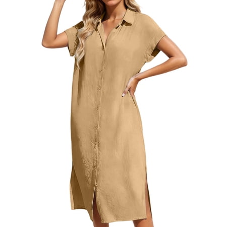 DGMIOCS Women s Loose Fit Short Sleeve Shirt Dress with Lapel Collar for Everyday Wear Comfort Fabric Solid Color Tunic Dress Khaki XL