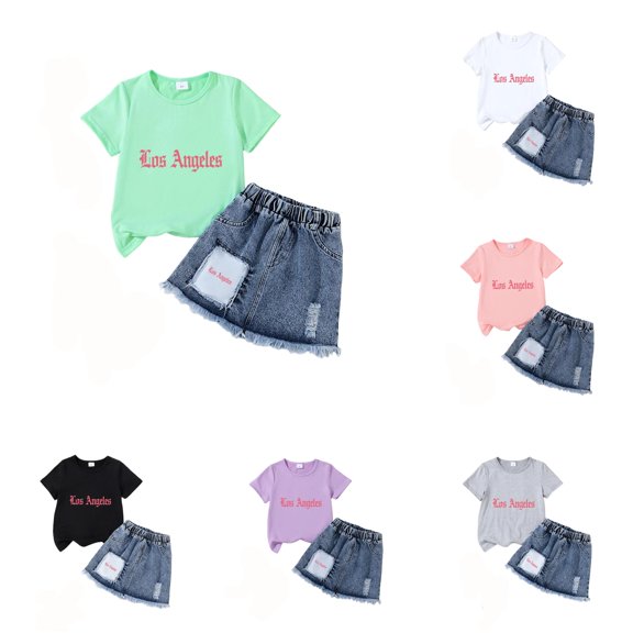 Shachafan Girls Summer Outfit Fashion Printed T Shirt And Denim Skirt Casual Two Piece Playwear Sweatsuits for Girls
