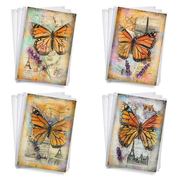 Watercolor Paris Butterfly All-Occasion Blank Note Greeting Cards | 12 Pack Assortment Bulk Variety Set (4x6)
