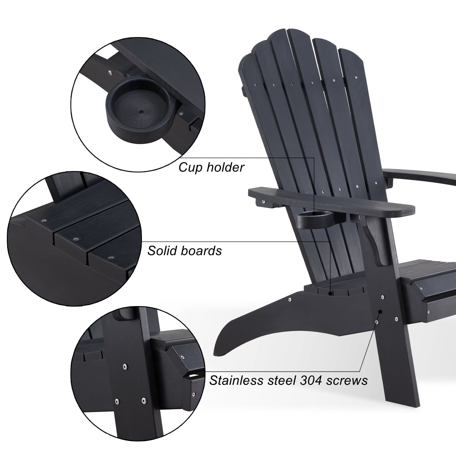 Adirondack Chair, Oversized Poly Lumber Fire Pit Chair with Cup Holder, 350Lbs Support Patio Chairs for Garden, Weather Resistant Outdoors Seating, Relaxing Gift for Father & Mother (Black)