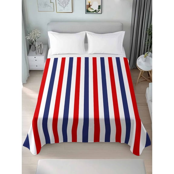 Red Blue White Striped California King Size Flat Sheet, Wrinkleproof & Fadeproof Cooling Flat Bed Sheet Only, Modern Simple Stripes Breathable Soft Bedding Top Sheets 108 x 98 Inches