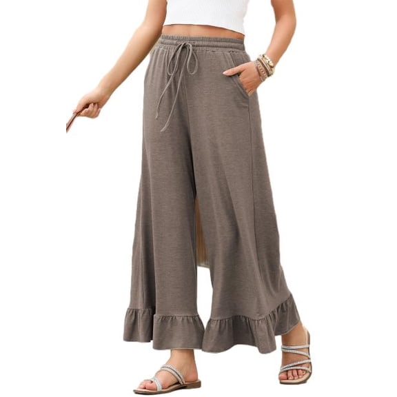 Eytino Pants for Women Wide Leg Elastic Waist Casual Trousers High Waisted Ruffle Hem Palazzo Pants with Pockets