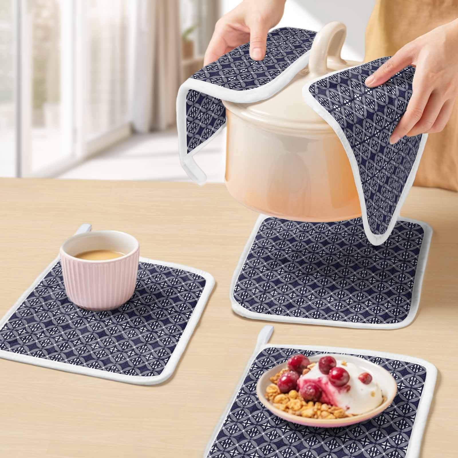 Blue Geometric Abstract Pot Holders for Kitchen Heatproof Potholder, 3 Pack Contemporary Modern Art White Hot Pads Multipurpose Oven Pads Cloth Potholders Trivet for Cooking Baking
