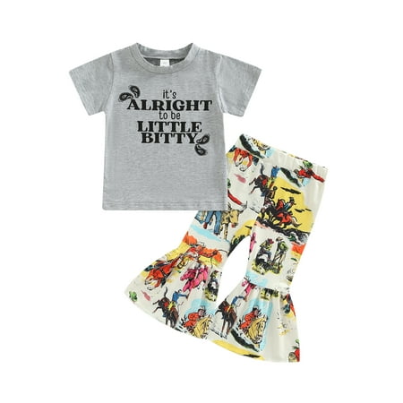 

Qtinghua Western Baby Girl Summer Clothes Letter Print Short Sleeve T-Shirt Tops Cow Print Flared Pants Outfits Gray 1-2 Years