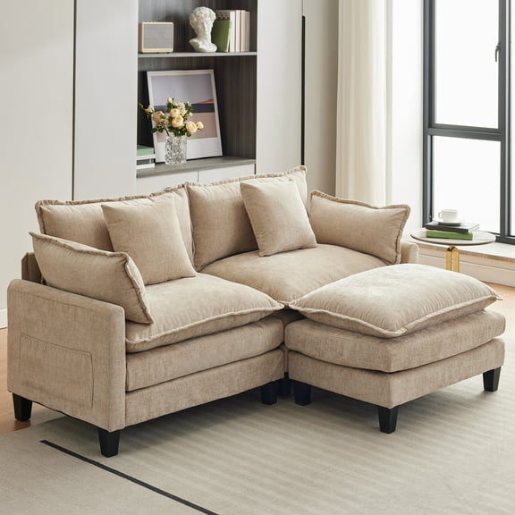 112" Oversized L-Shaped Sofa, Modular Sectional Sofa, Comfy Deep Seat Convertible 3 Seater Couch with Ottoman, 170 Pounds Modern Minimalist Chenille Couch for Living Room