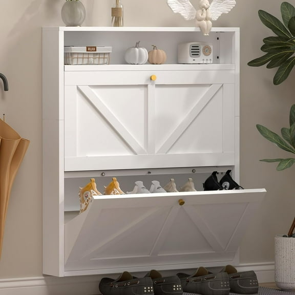 Marcree Metal Shoe Cabinets with 2 Flip Drawers, Hidden Cabinet Organizer for Shoes, Entryway Table with Shoes Storage, Wall-Mounted Shoe Cabinet for Hallway, Bedroom, Doorway, White