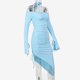 thumbnail image 4 of Vestido De Manga Larga Vestido ajustado para damas Flor 3D Cordón Cuello oblicuo Color sólido Traje de vacaciones Ygjytge Azul M para Mujer, 4 of 9
