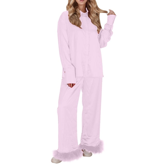 Liquidation & Promo, Ensemble de Pyjamas à Manches Longues pour Femmes, Tissu Doux à Plumes, Vêtements de Maison Confortables, Ensemble 2 Pcs, Vêtements de Nuit, Léger et Léger 100 % Polyester, Rose, Sopatenor