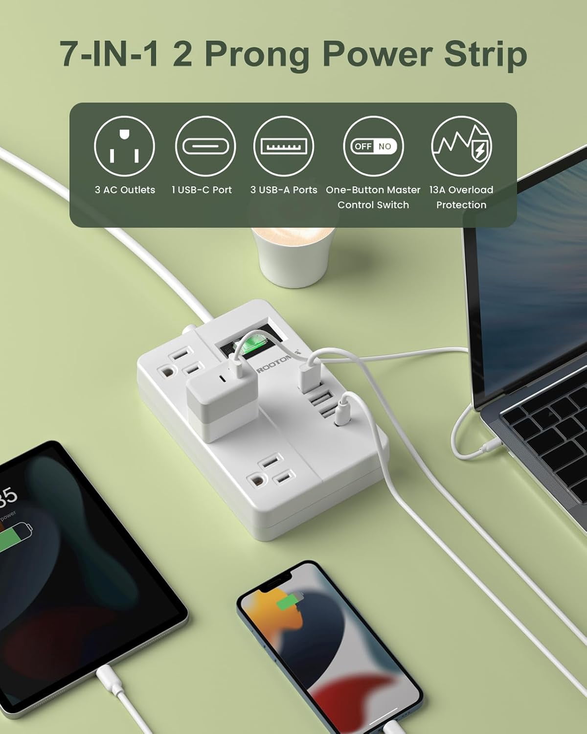 RGHJAR-2 Prong Power Strip with USB-C, 2 Prong to 3 Prong Outlet Adapter, 1080J 2 Prong Surge Protected with 3 Outlet & 4 USB, 3 Prong Adapter 4ft, for Polarized Two Prong Outlet, Old House, White