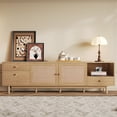 thumbnail image 4 of Boho TV Stand for 65 75 85 Inch TV, 76.6 Inch Entertainment Center with Real Rattan Doors, Open Storage and 3 Drawers, Modern Wood Media Console, Natural, 4 of 11