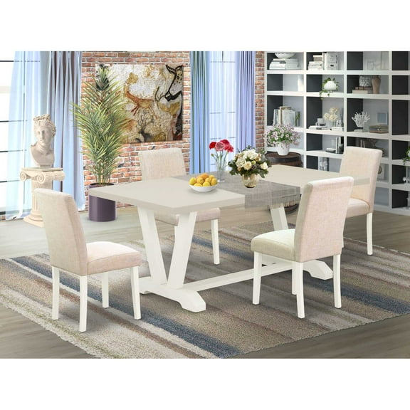 East West Furniture V-Style 5-piece Wood Dining Set in Linen White/Light Beige