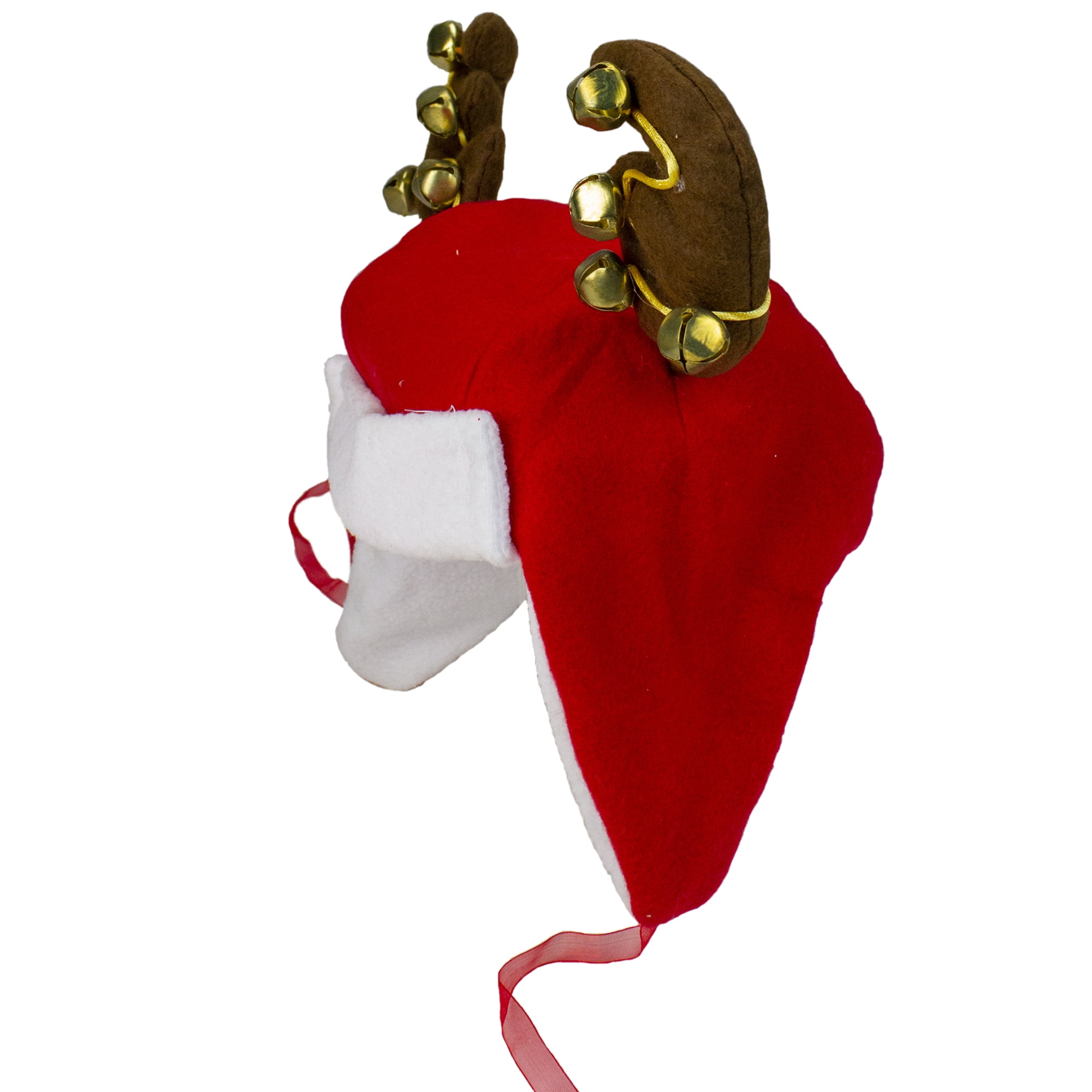 17" Plush Red and White Christmas Winter Trapper Hat with Jingle Bell Reindeer Antlers