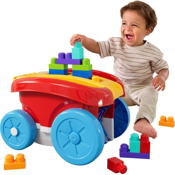 MEGA BLOKS First Builders Juguete de construcción para niños pequeños, carro de tracción con bloques con 20 piezas y almacenamiento incorporado, recoge bloques, rojo, niños a partir de 1 año