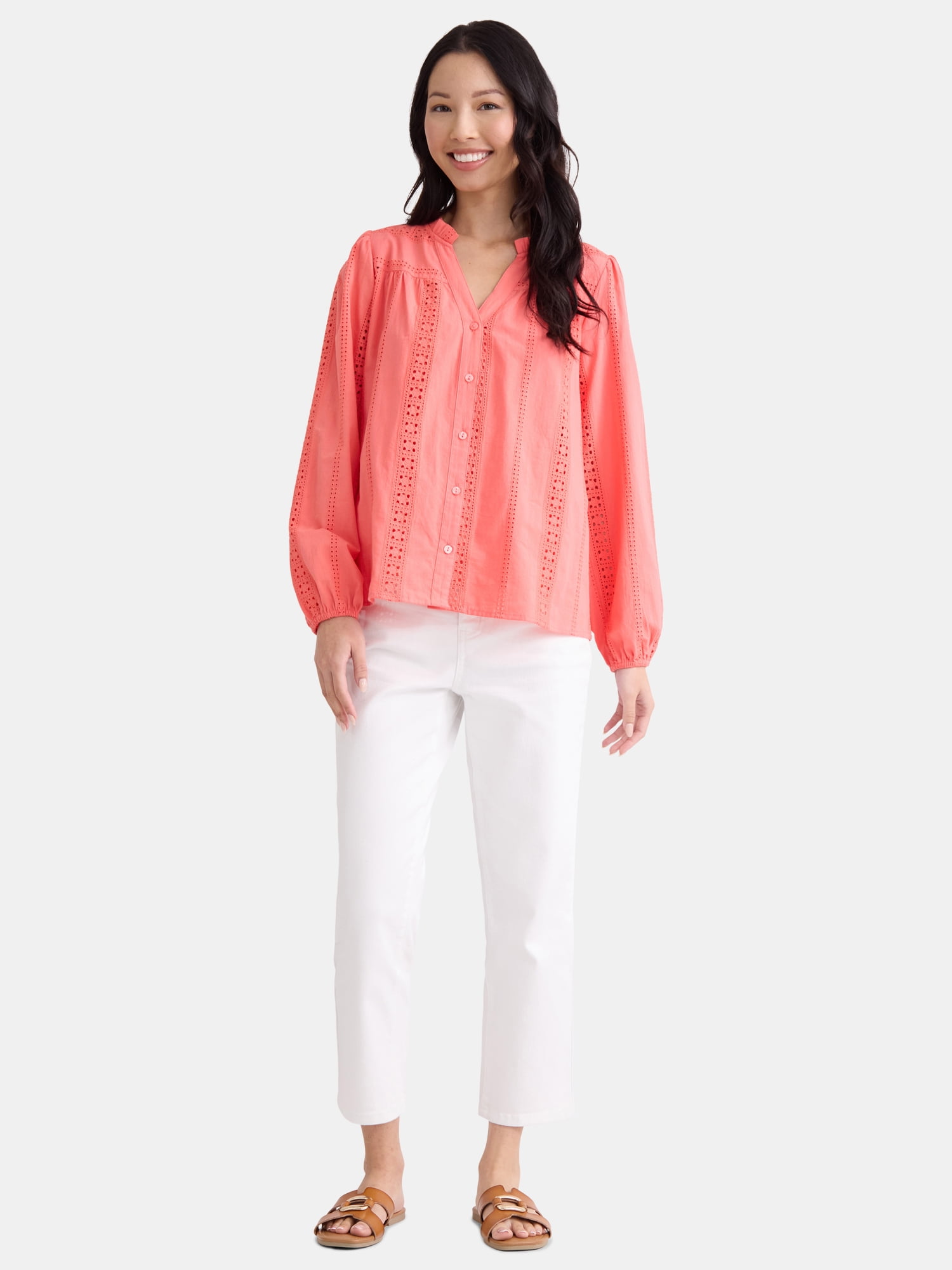Time and Tru Women's Eyelet Embroidered Peasant Blouse, Sizes XS-XXXL