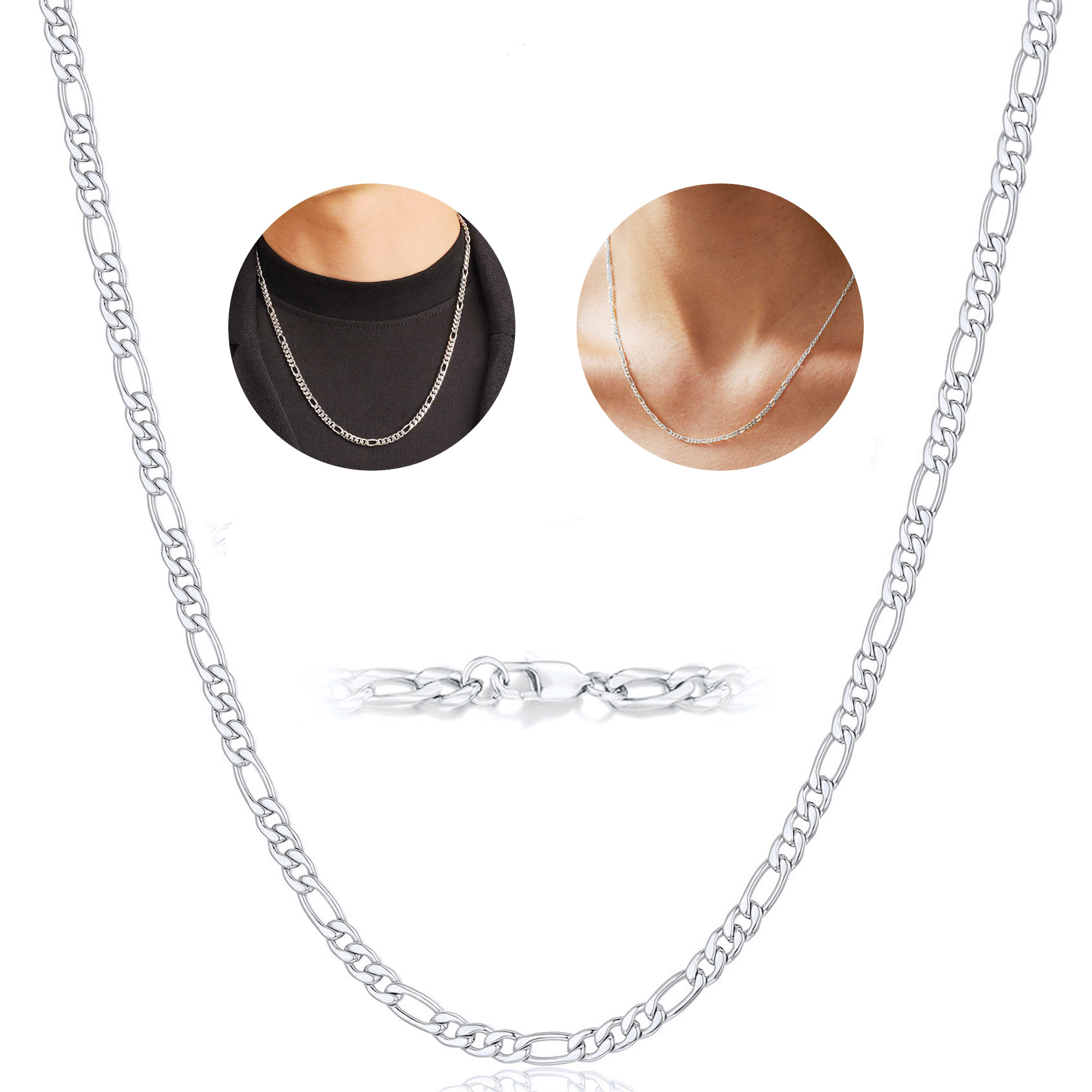 APSVO S925 Sterling Silver Plated Chains for Women Men Boys 3mm/5mm Figaro Curb Link Necklace Birthday Graduation Fathers Day Jewelry Gifts Teen Him Dad Husband Her Girls Kids Age 16/18/20/22/24 Inch