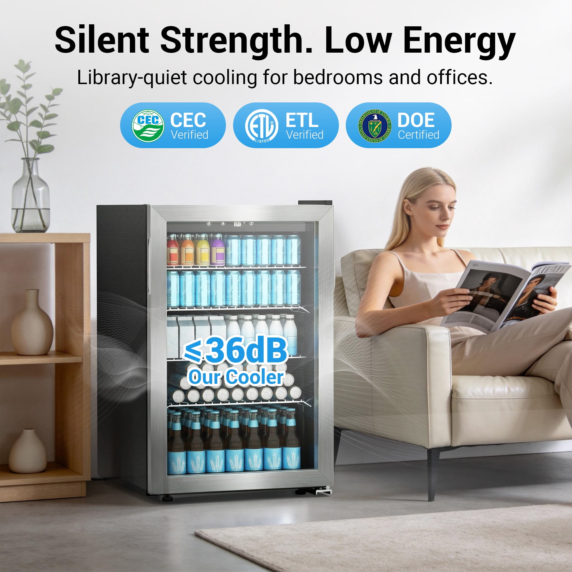 Snowyermine 150 Can Beverage Refrigerator and Cooler with Glass Door for Home, 20.67 in W, 31.4 in H, Silver