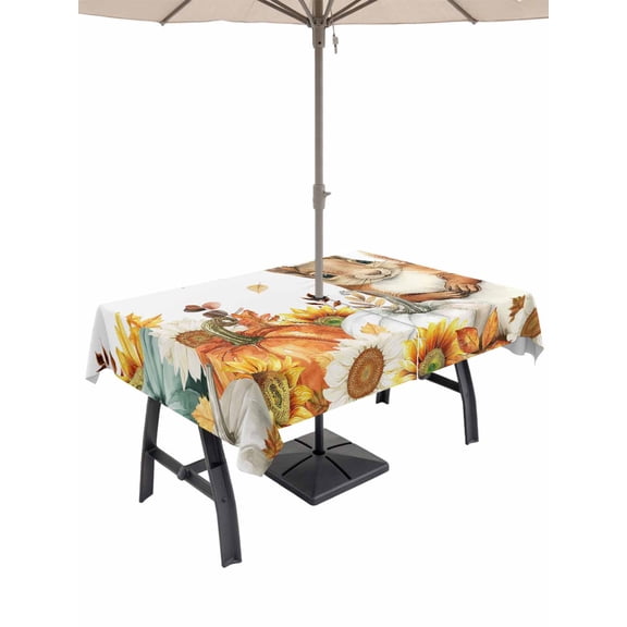 Outdoor Tablecloth with Umbrella Hole and Zipper, Thanksgiving Squirrel Rectangle Table Cloth 54x80 Inch Waterproof Tablecloth, Fall Pumpkins Sunflower Autumn Picnic Table Cover for Patio Camping