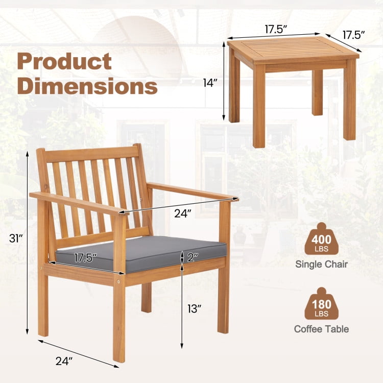 Aimee Lii 3 Pieces Patio Wood Furniture Set Acacia Wood Sofa Set with soft Cushions, Patio Furniture Sets, Gray