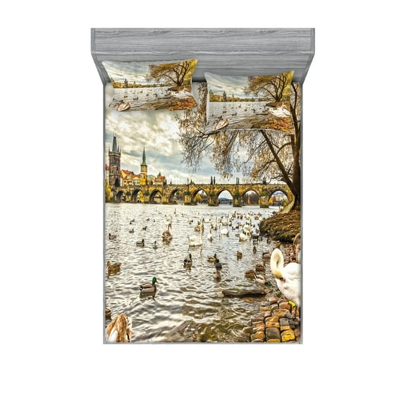 Ambesonne Nature Fitted Sheet & Pillow Sham Set, Swimming Swans in River, Queen, Multicolor