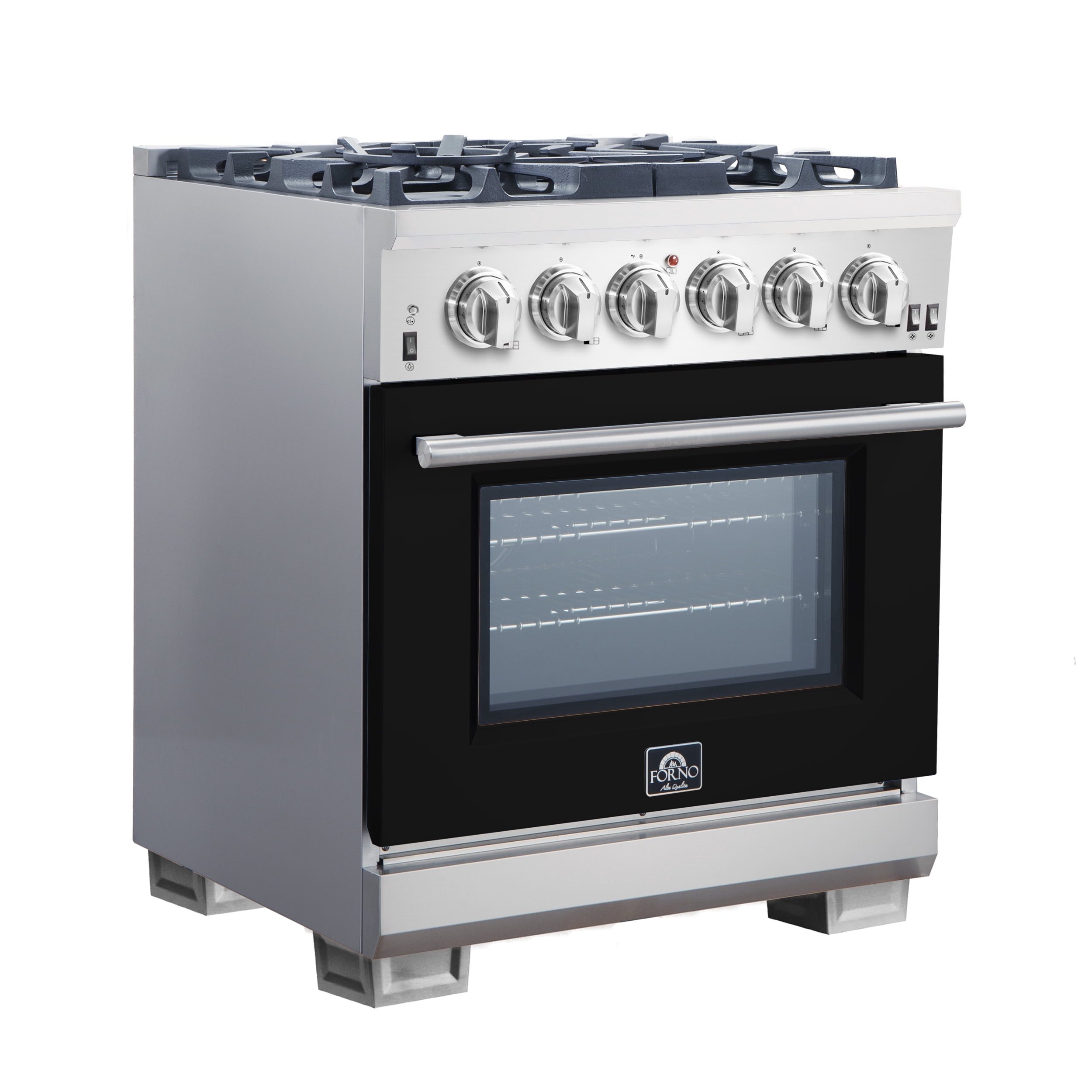 Forno Capriasca 30-Inch Freestanding Gas Range, 4 Burners, True Convection Oven, Black Door