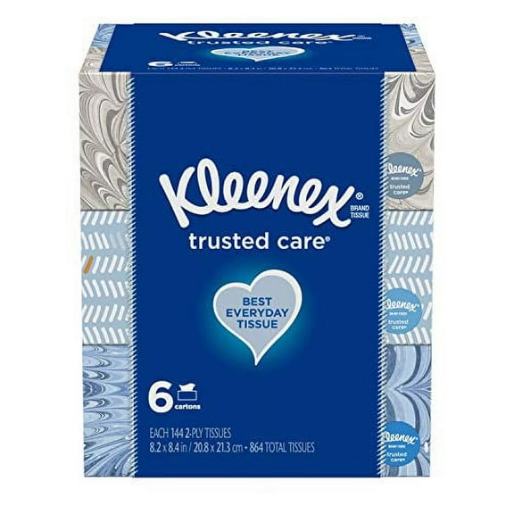 Kleenex Trusted Care Everyday Facial Tissues, 6 Rectangular Boxes, 144 Tissues per Box (864 Tissues Total)