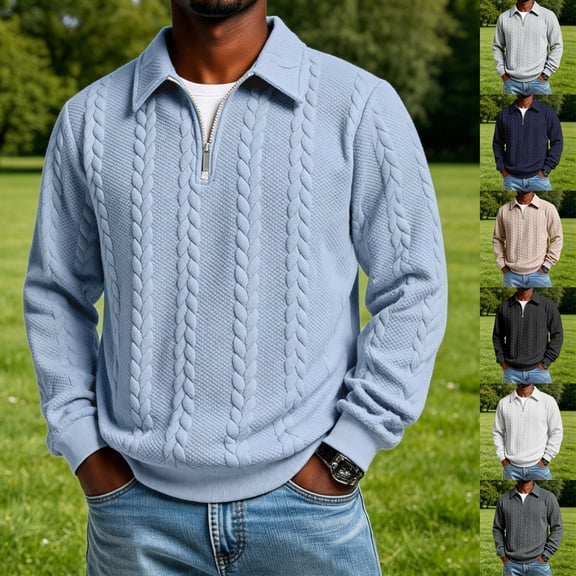 HAOTAGS Men’s Zip-Up Polo Shirts Lightweight Clean Minimalist Design, Subtle Textured Knit Casual Layering Pullover Tops Light Blue Size L