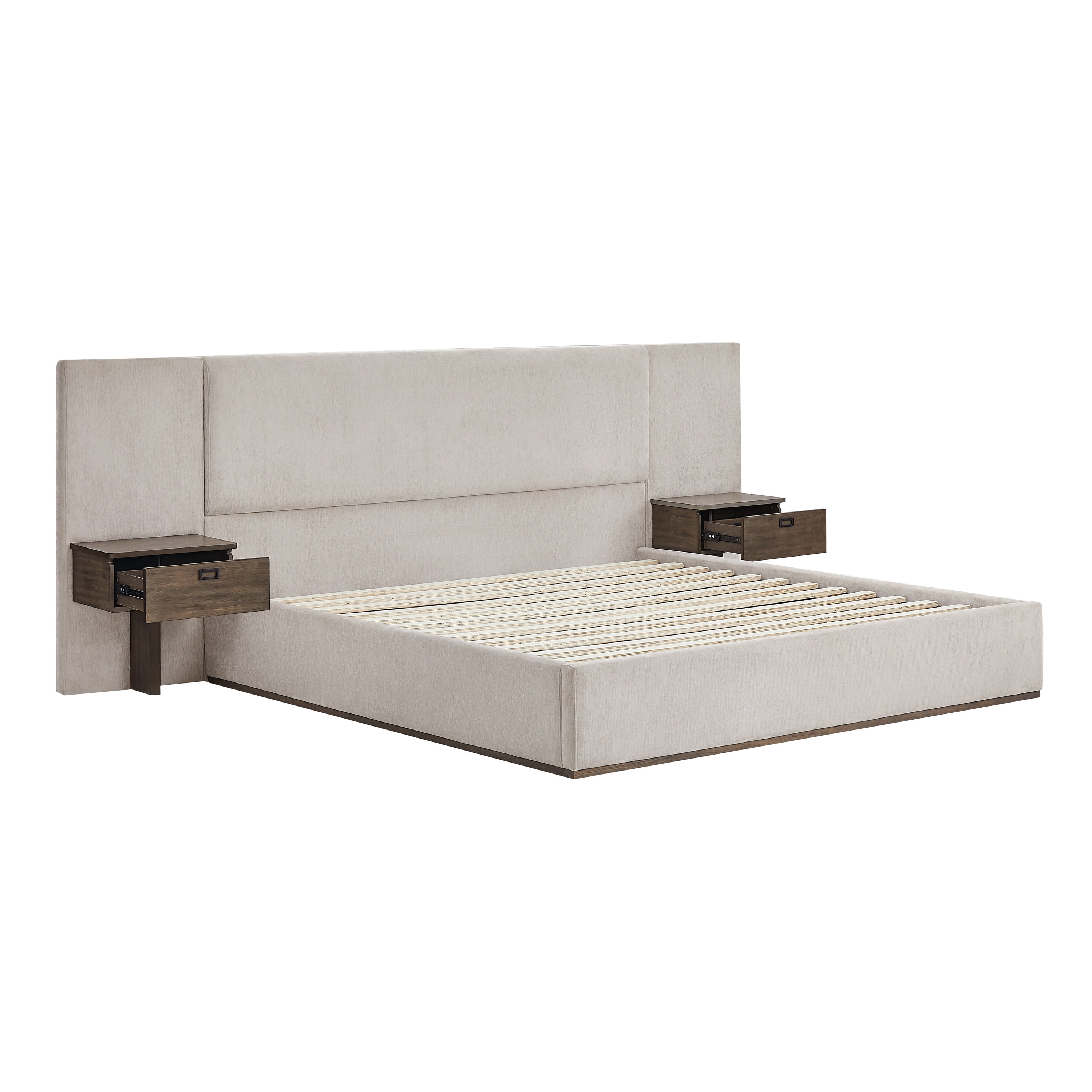 Studio Living Dustin Upholstered 42.1" Light Gray Bed Frame with Side Tables, King