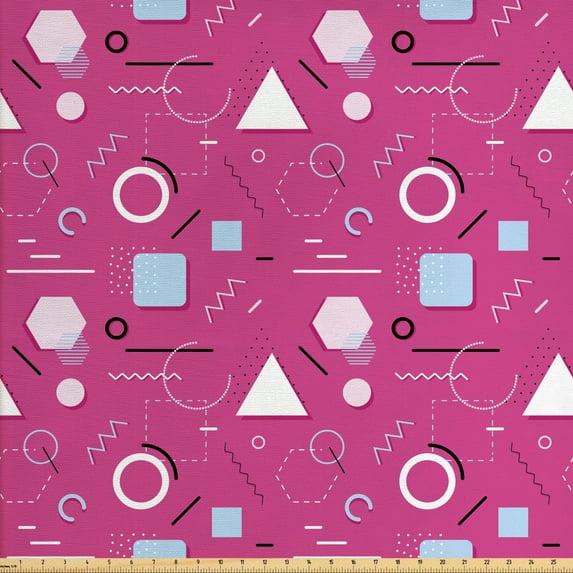 Geometric Fabric by the Yard, Vintage Memphis Style Triangles Hexagons and Squares Eighties Design, Decorative Upholstery Fabric for Sofas and Home Accents, Pink Pale Blue Black by Ambesonne