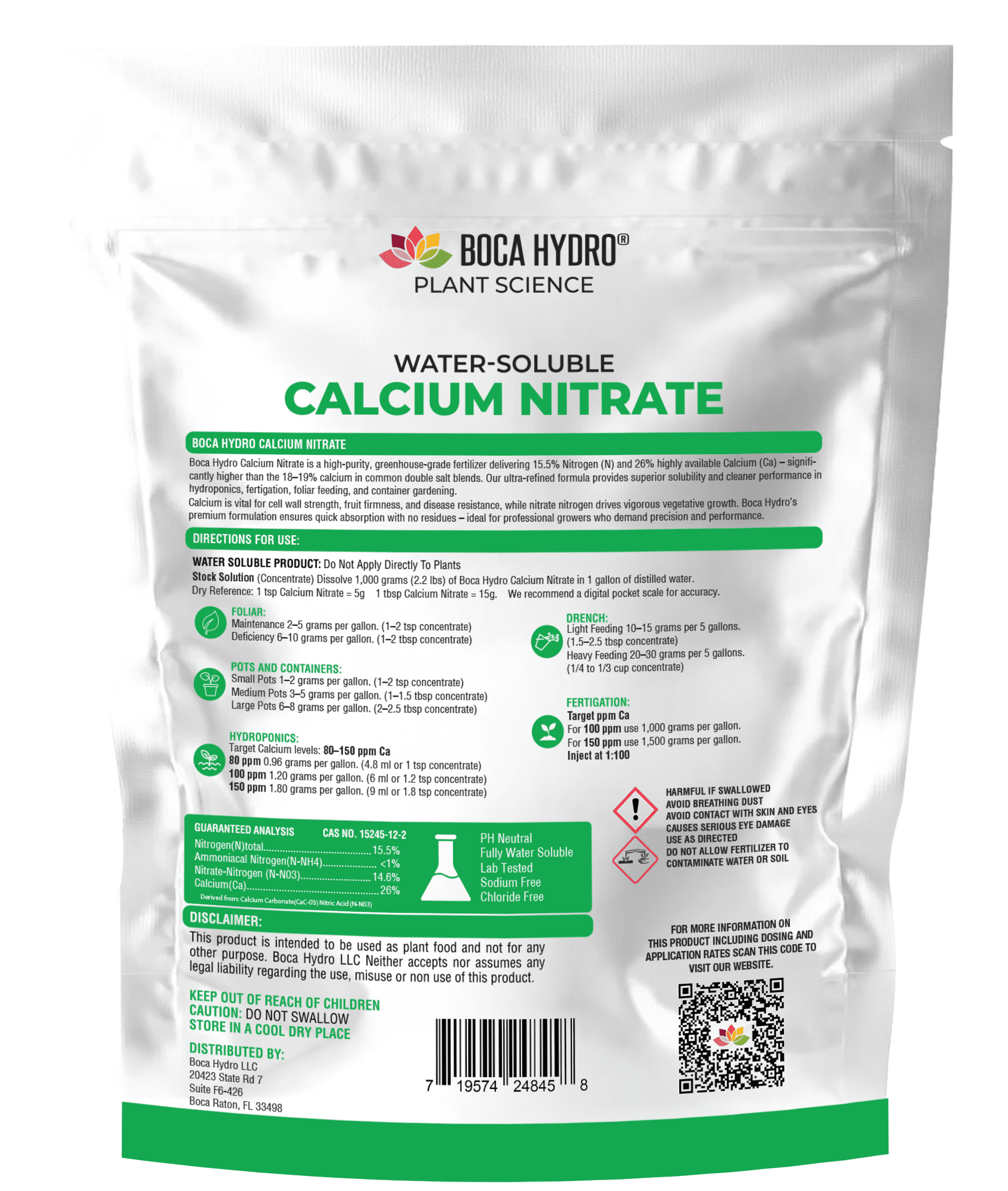 Boca Hydro Calcium Nitrate Fertilizer 15.5-0-0 Plus 26% Calcium – High Purity Greenhouse Grade for Hydroponics, Soil, Fertigation, Foliar – Chloride-Free, Fast-Dissolving