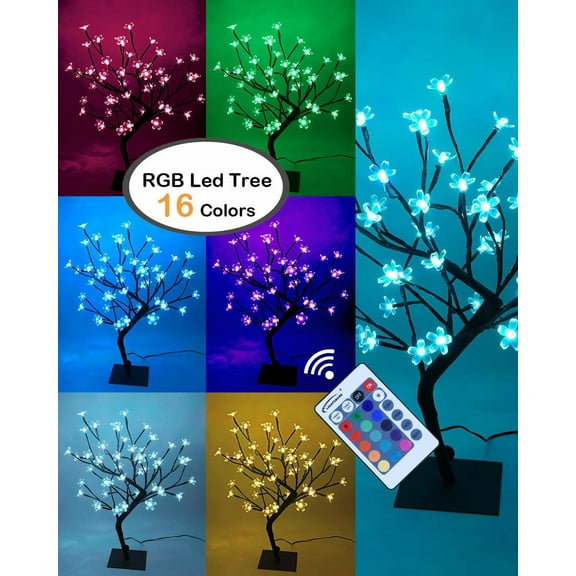 Cherry Blossom Bonsai Tree, Eighteen Inch, 48 LED Lights, Warm White and Color-changing Modes