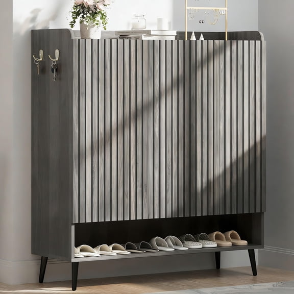 Large Shoe Cabinet with Doors, 3 Door Shoe Storage Cabinet with Adjustable Shelves & Hooks, 6 Tier Shoe Organizer Cabinet for Entryway, Hallway, Wooden Shoe Rack Cabinet for 30 Pairs, Grey