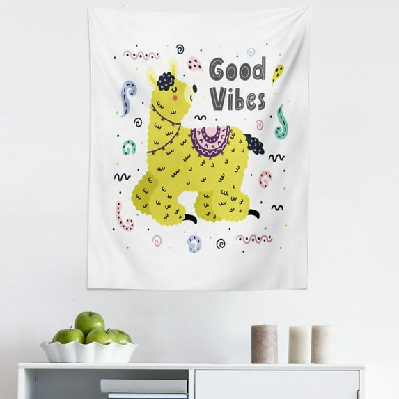 Saying Tapestry, Funny Llama with Vibes Celebration Concept Colorful Cartoon Wording, Fabric Wall Hanging Decor for Bedroom Living Room Dorm, 5 Sizes, Yellow Green and Multicolor, by Ambesonne