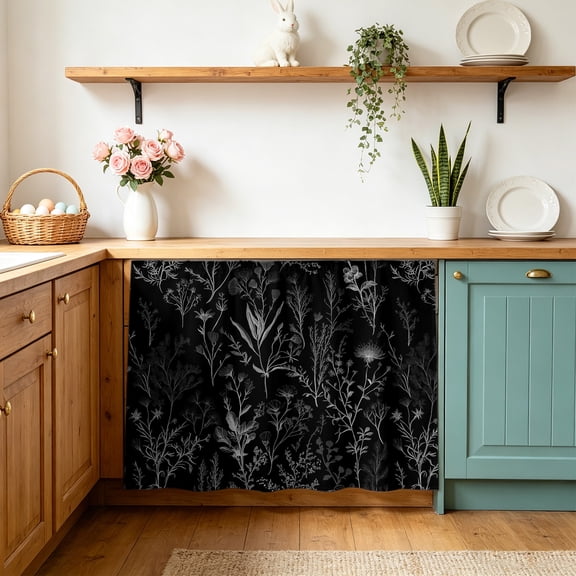 Black Spring Floral Small Sink Skirt 10"Wx11"L, Dustproof Under Sink Curtain with Self Adhesive Tape, Vintage Botanical Watercolor Cabinet Curtain Cover for Bathroom Vanity, Kitchen Storage Shelf, RV