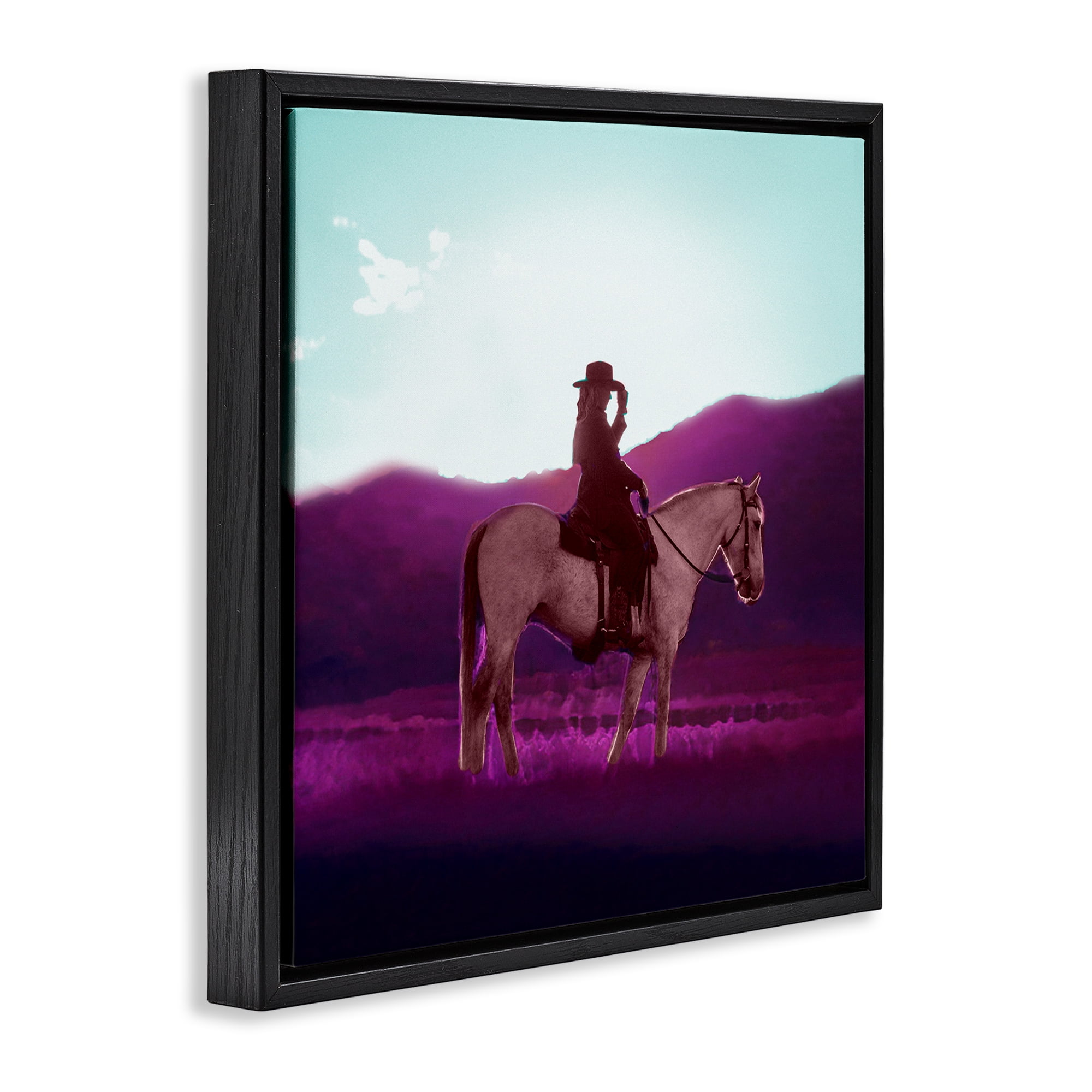 Stupell Industries Cowgirl & Purple Mountains Animals & Insects Painting Black Floater Framed Canvas Art Print Wall Art, 18 x 18