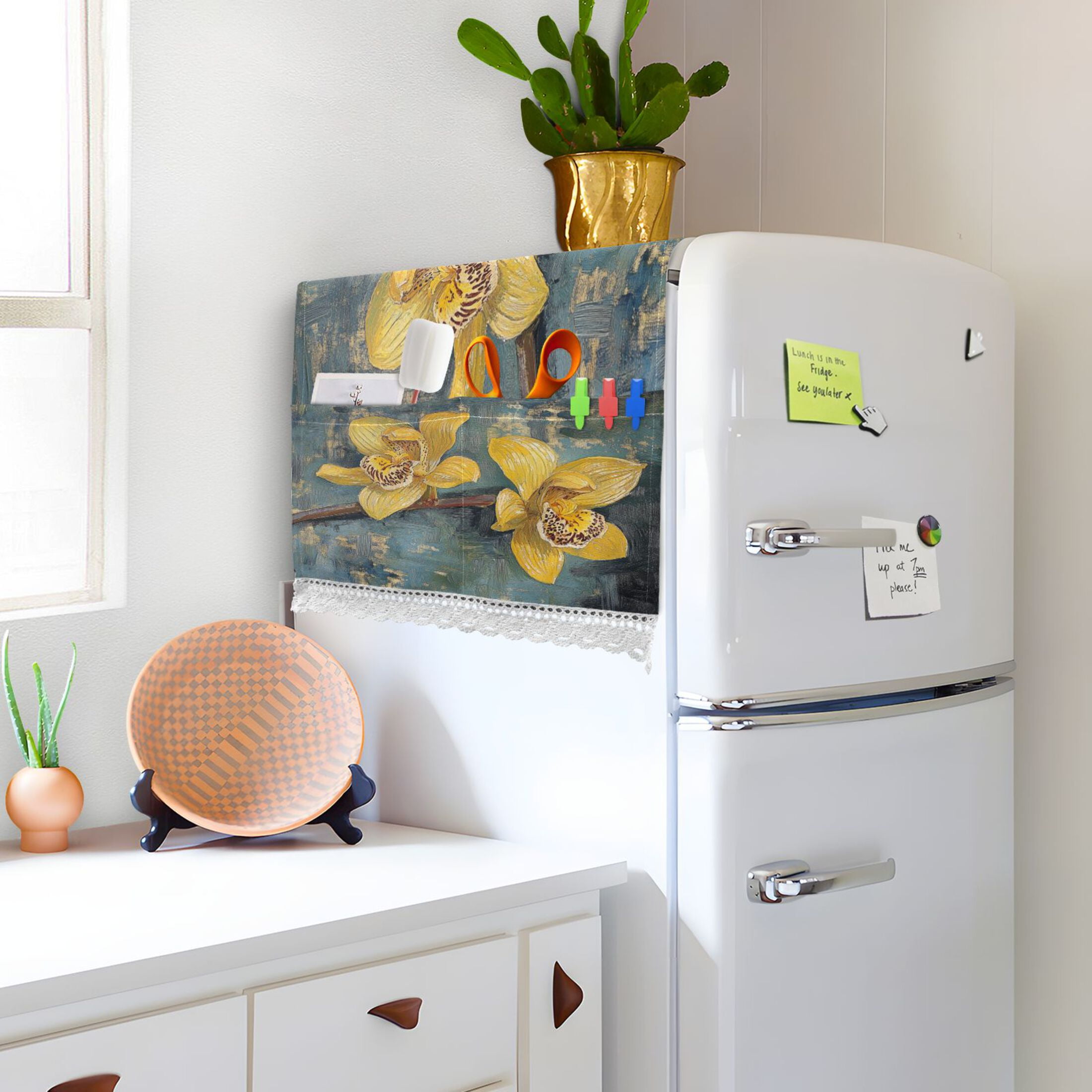 Beautiful Yellow CymbidiumWasher and Dryer Covers Dust-Proof and Oil Resistant Fridge Cover with 4 Storage Pockets Washing Machine Top Cover for Laundry Kitchen Home 51.2 x 22 In