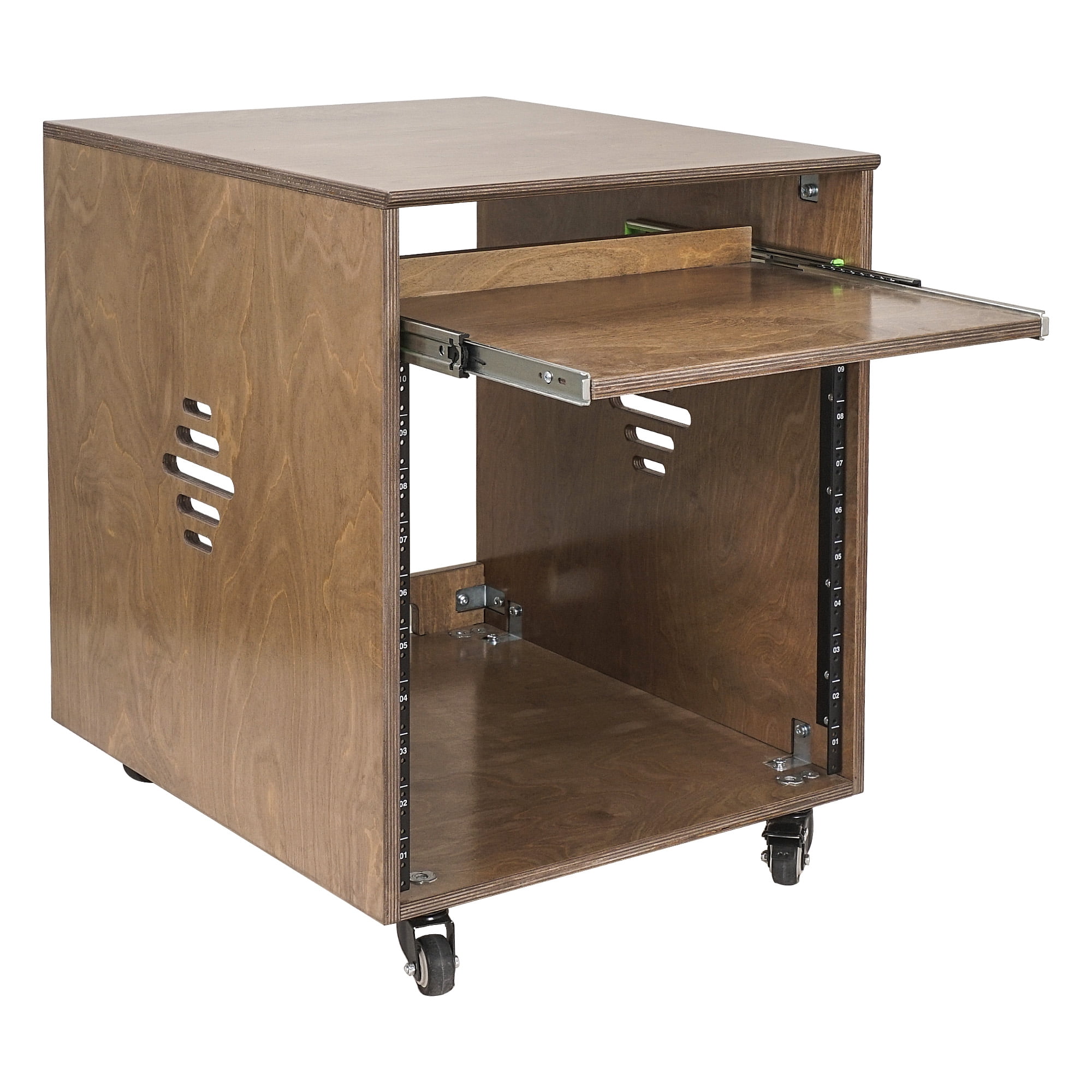 Sound Town 10U Plywood Studio Rack Desk with Slide-Out Tray, Rubber Feet, Casters, for Recording, Podcasts, Broadcasts, Streaming, Weathered Gray (SDRK-ST10B)