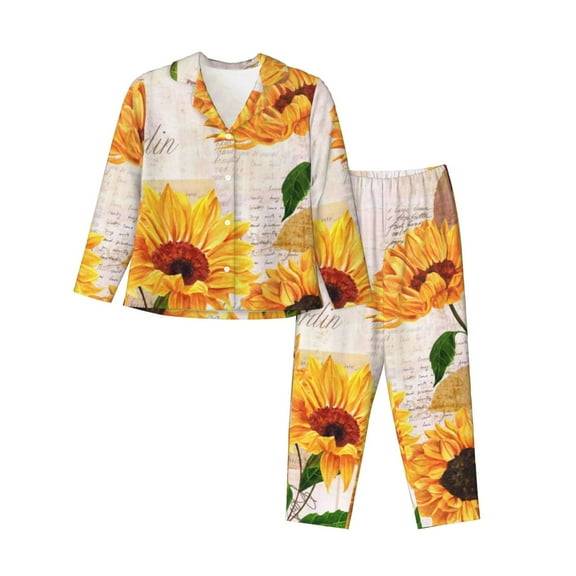 Logiee Sunflower 5 Print Womens Pajamas Set,Long Sleeve Sleepwear,Button Down Lounge Set 2 Pieces,Soft Nightwear Pjs Set-Small