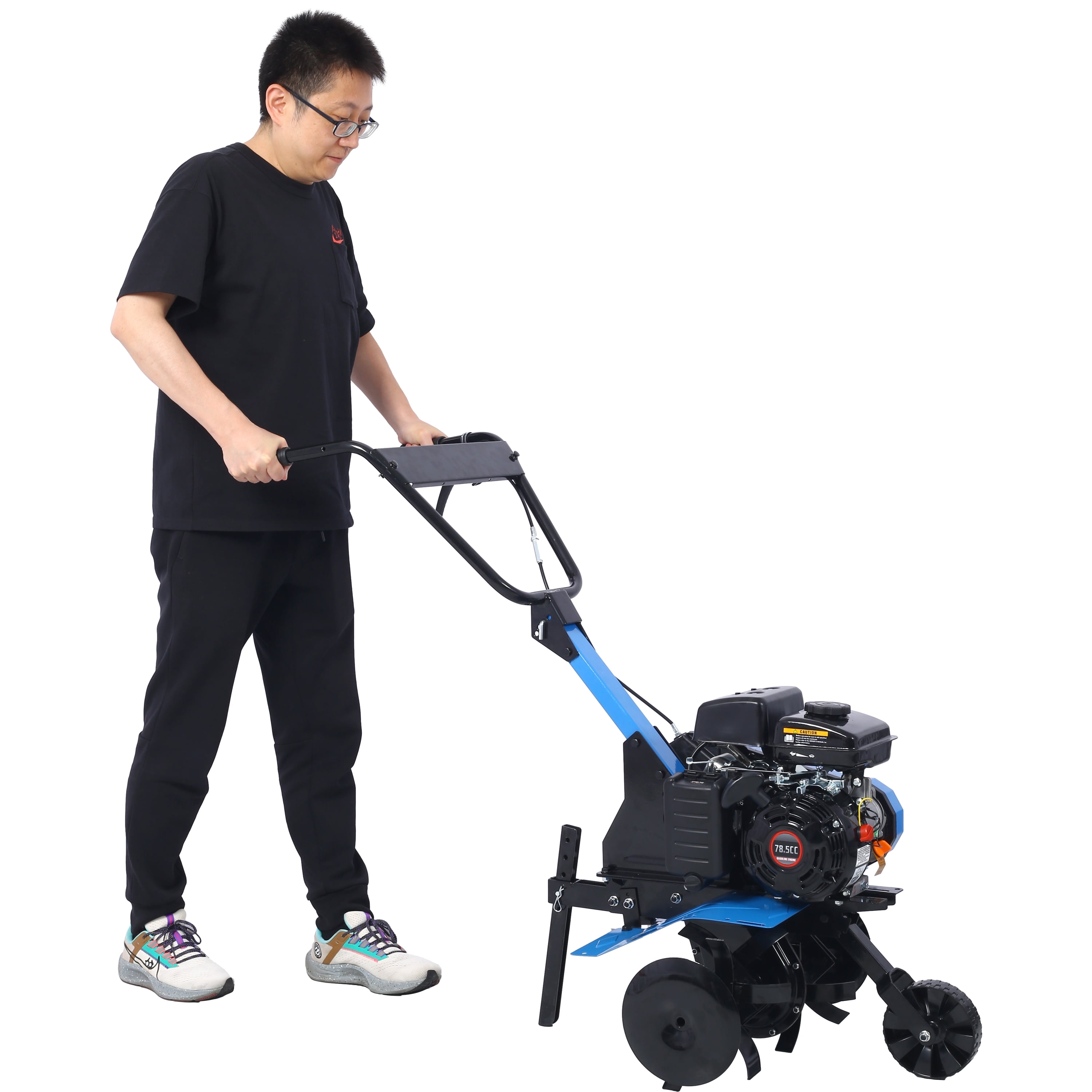 LuckyNote 78.5CC 4-Cycle Gas Tiller and Cultivator 2-in-1, 18 Inch Tilling Width, Adjustable Depth with Wheels Blue