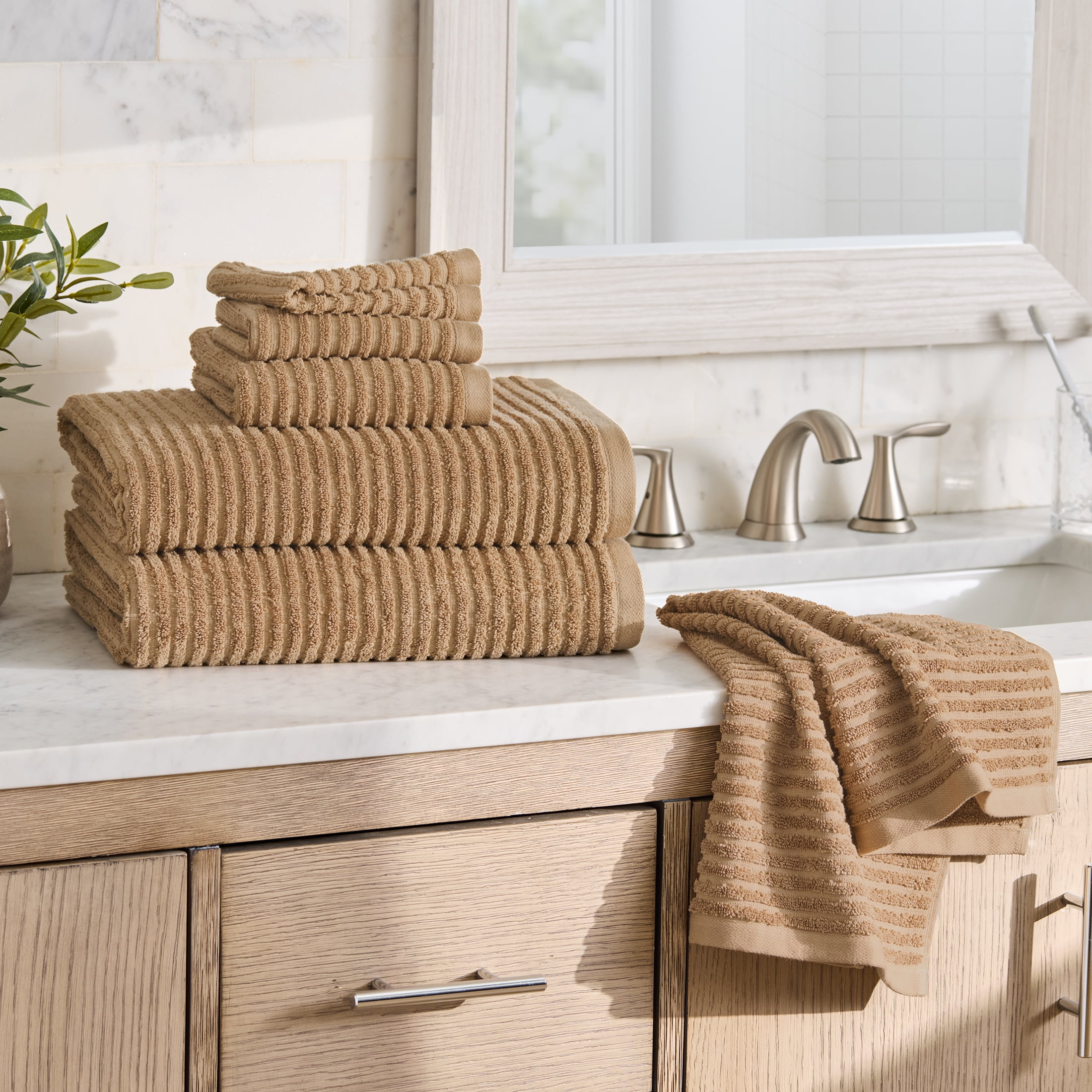 Better Homes & Gardens PowerLoft AIRRICH® 6 Piece Bath Towel Set, Dark Carmel Textured Stripe