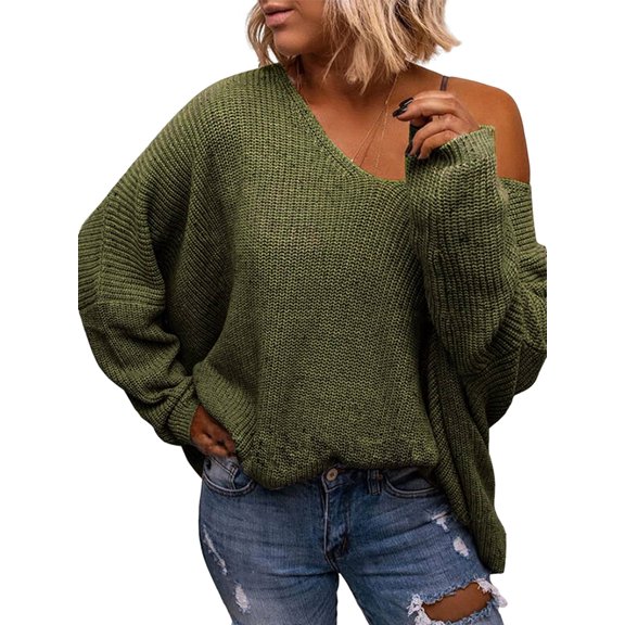 Women'S V Neck Long Sleeve Knit Loose Oversized Pullover Sweater Top  Green XS