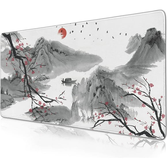 Tapis de Souris Fleur de Cerisier (31.5x15.7 Po) Tapis de Souris de Jeu Japonais Grande Base en Caoutchouc Antidérapante Protecteur de Bureau Sakura avec Bords Cousus Tapis de Souris de Bureau Complet TTG