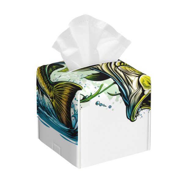 Fotbe Big bass fish Porta Pañuelos Decorativo de Cuero, Caja Cuadrada Moderna para Pañuelos Faciales, Organizador y Dispensador 5x5x5''