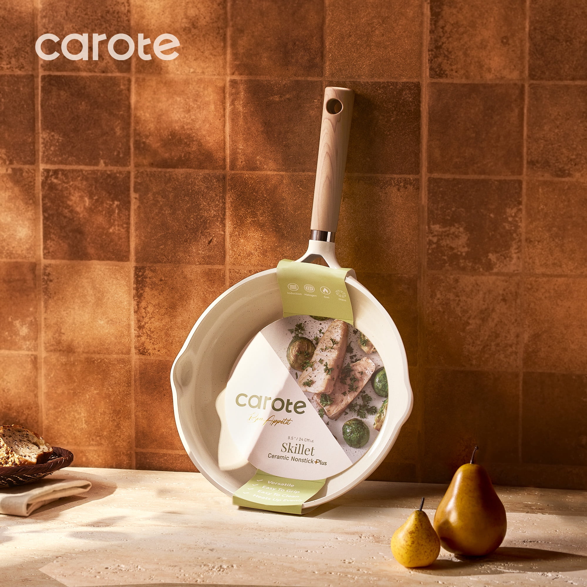 Carote Ceramic Nonstick Frying Pan 9.5" Skillet with Induction, Egg Omelet Pan Compatible for All Stoves, Bon Appetit, White Granite