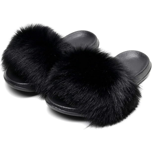 Women's for Fox Fur Slippers Fuzzy Slides Fluffy Sandals Open Toe