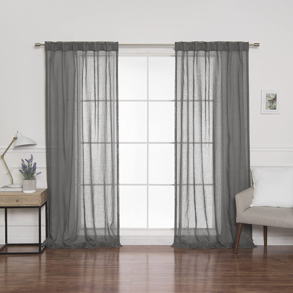 Quality Home Faux Linen Sheer Curtains Back Tab/Rod Pocket Dark