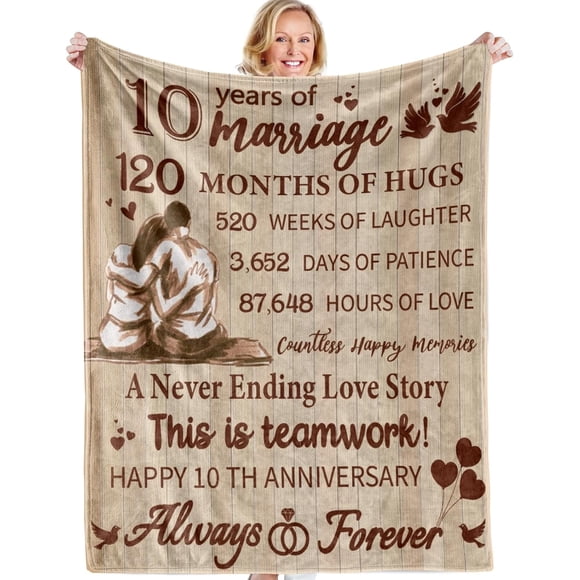 LHSHID 10th Anniversary Tin Gifts Blanket 10th Wedding Gift for Wife Husband 10 Year Anniversary Wedding Gifts for Him Her Couples 10 Year Anniversary Decorations Blanket 50x60in
