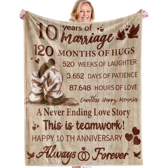 LHSHID 10th Anniversary Tin Gifts Blanket 10th Wedding Gift for Wife Husband 10 Year Anniversary Wedding Gifts for Him Her Couples 10 Year Anniversary Decorations Blanket 50x60in